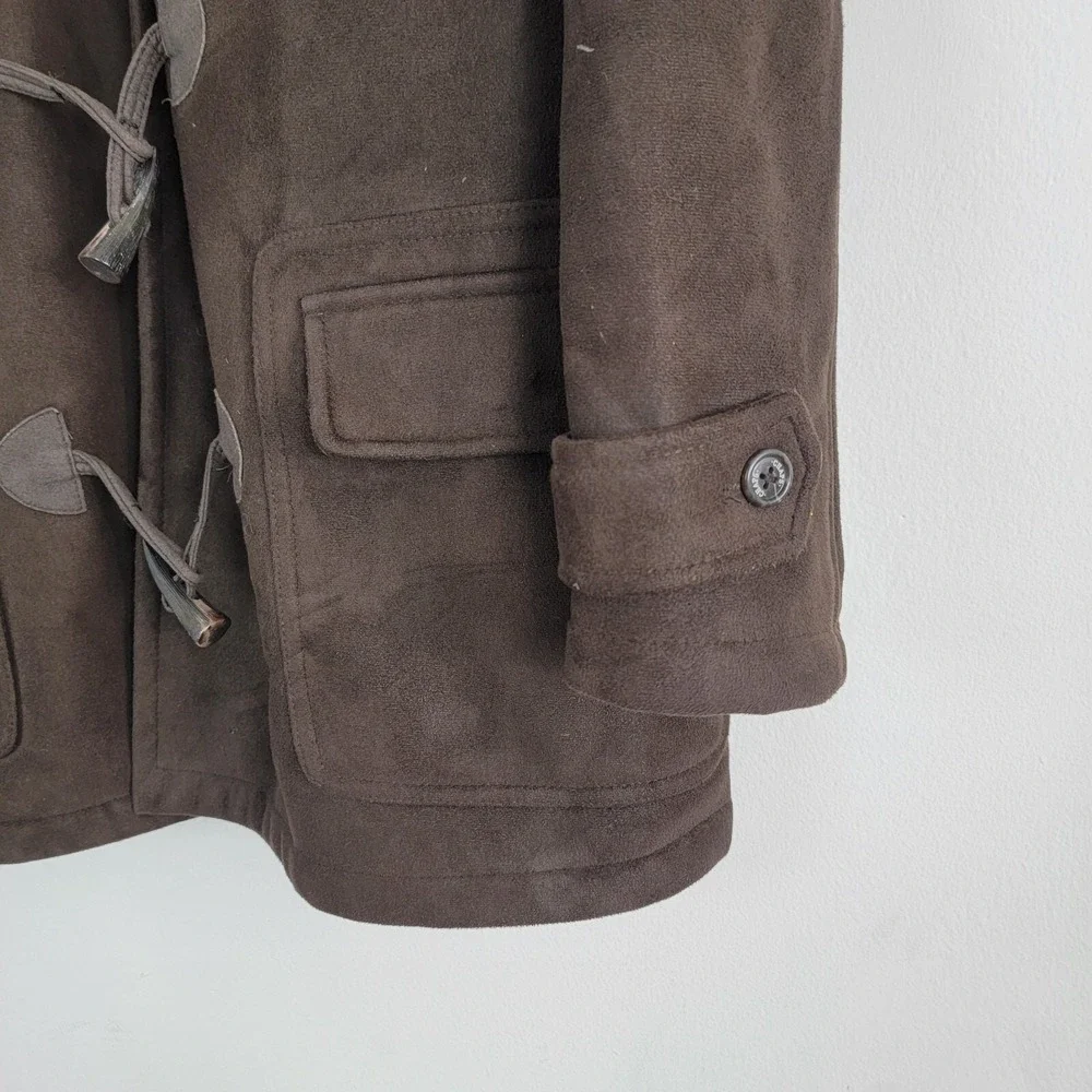 Chaps est 1978 Duffle Coat Womens Small Brown Faux Fur Suede Hooded Long‎ Sleeve